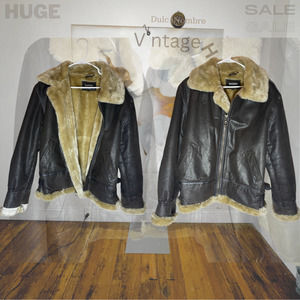 XOXO Women's Brown leather flight-jacket style coat, faux shearling, size M